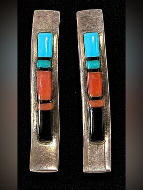 Zuni Sterling Silver Inlay Earrings Teme Turquoise Coral Onyx NEW Native
